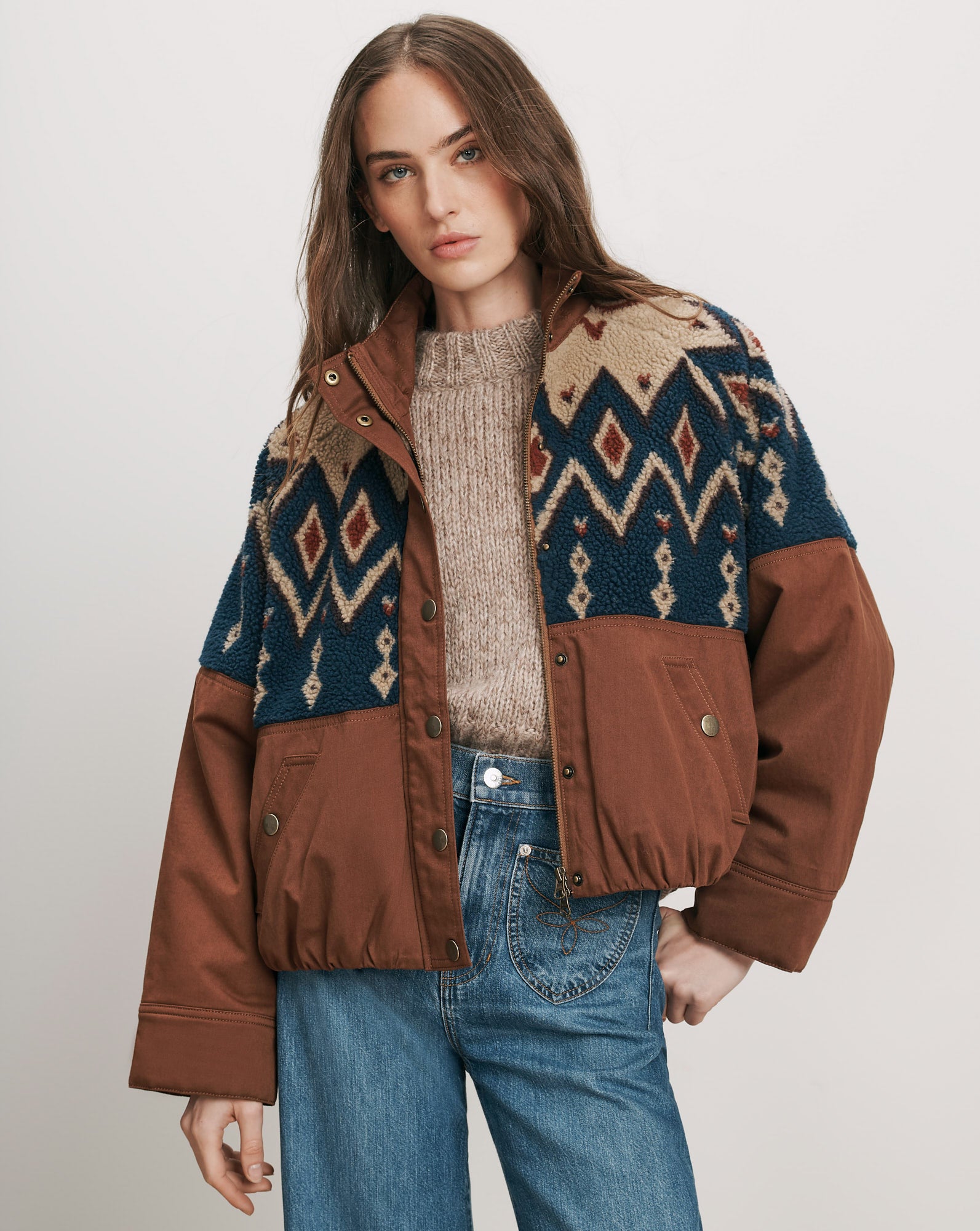 Veronica Beard Brown and blue patterned fleece bomber jacket.