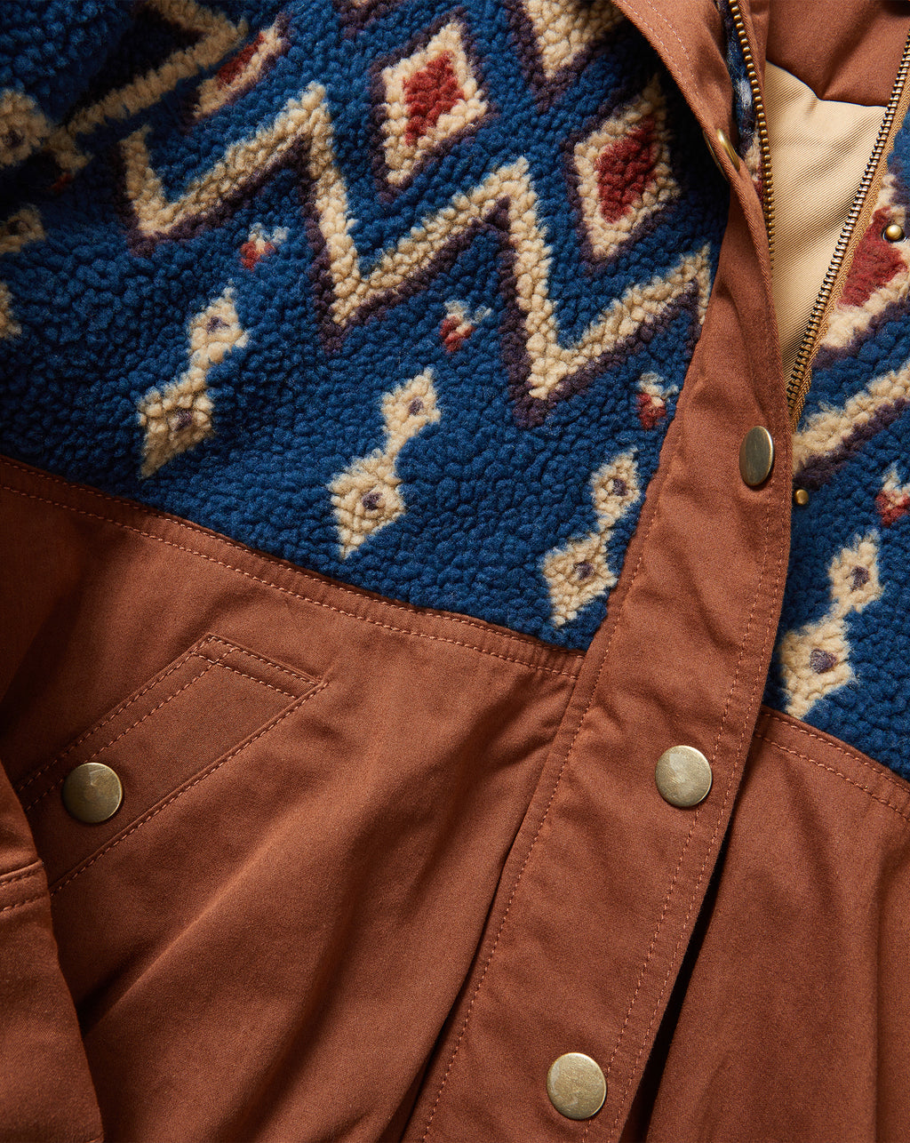 Veronica Beard Brown and blue patterned fleece jacket with snap buttons.