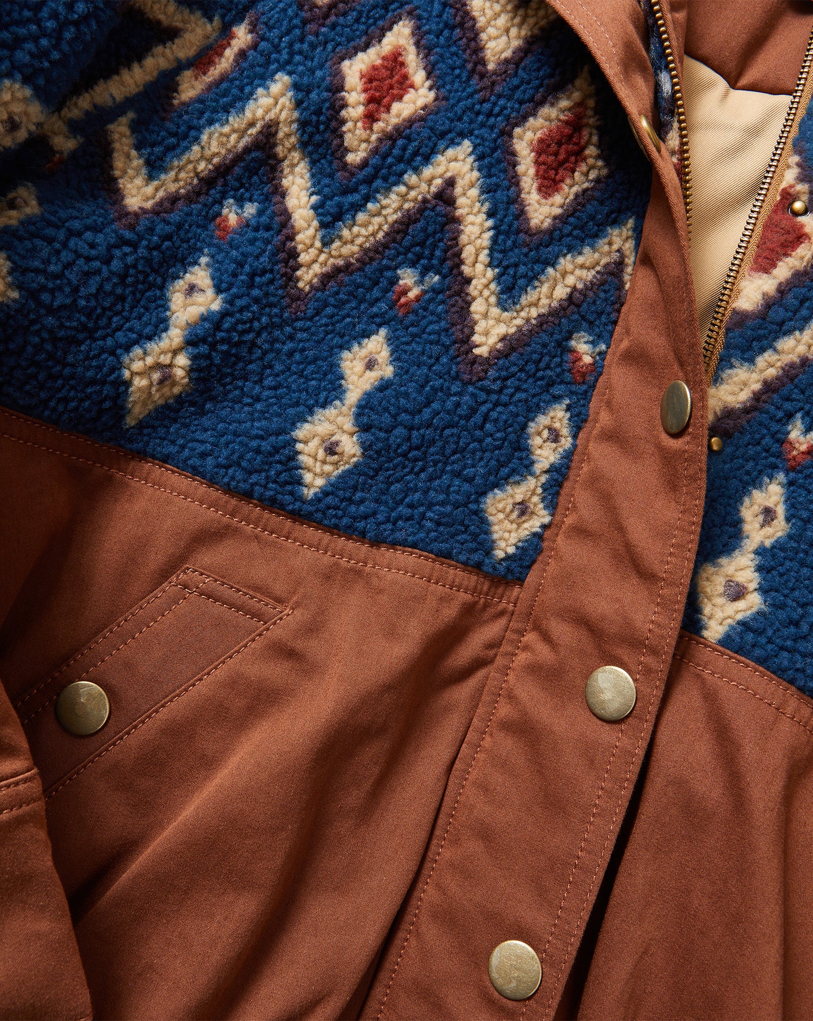 Veronica Beard Brown and blue patterned fleece jacket with snap buttons.