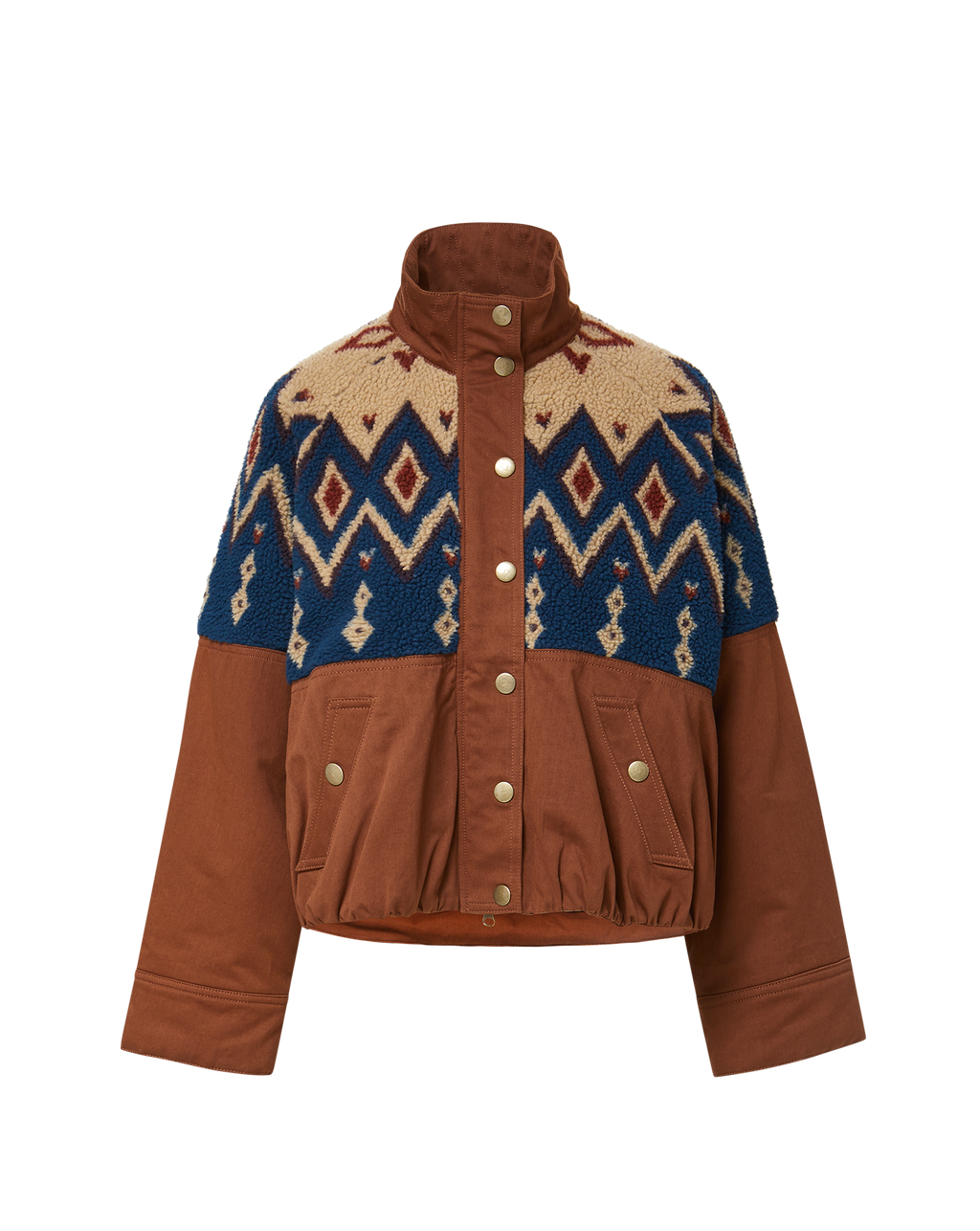 Veronica Beard Brown and blue patterned fleece jacket with gold buttons.