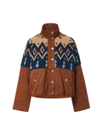 Veronica Beard Brown and blue patterned fleece jacket with gold buttons.