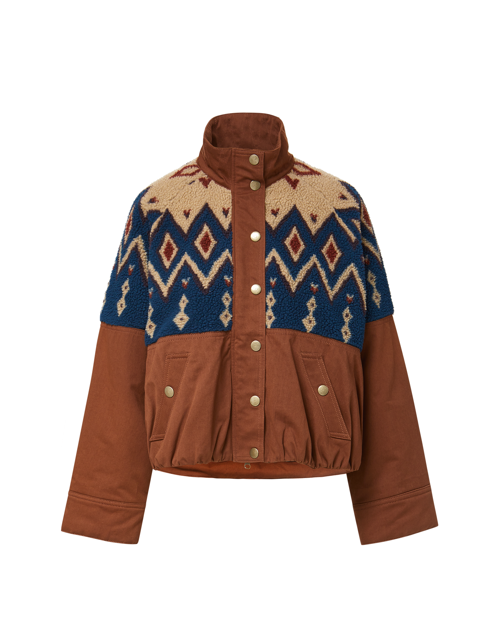 Veronica Beard Brown and blue patterned fleece jacket with gold buttons.