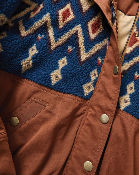 Veronica Beard Brown jacket with blue patterned fleece lining.