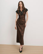 Veronica Beard Brown floral maxi dress with black lace trim.