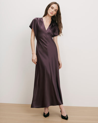 Veronica Beard Plum satin maxi dress with flutter sleeves.
