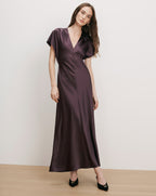 Veronica Beard Plum satin maxi dress with flutter sleeves.
