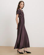 Veronica Beard Plum satin flutter-sleeve maxi dress.