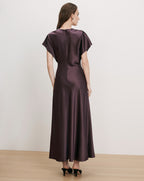 Veronica Beard Plum satin maxi dress with flutter sleeves.