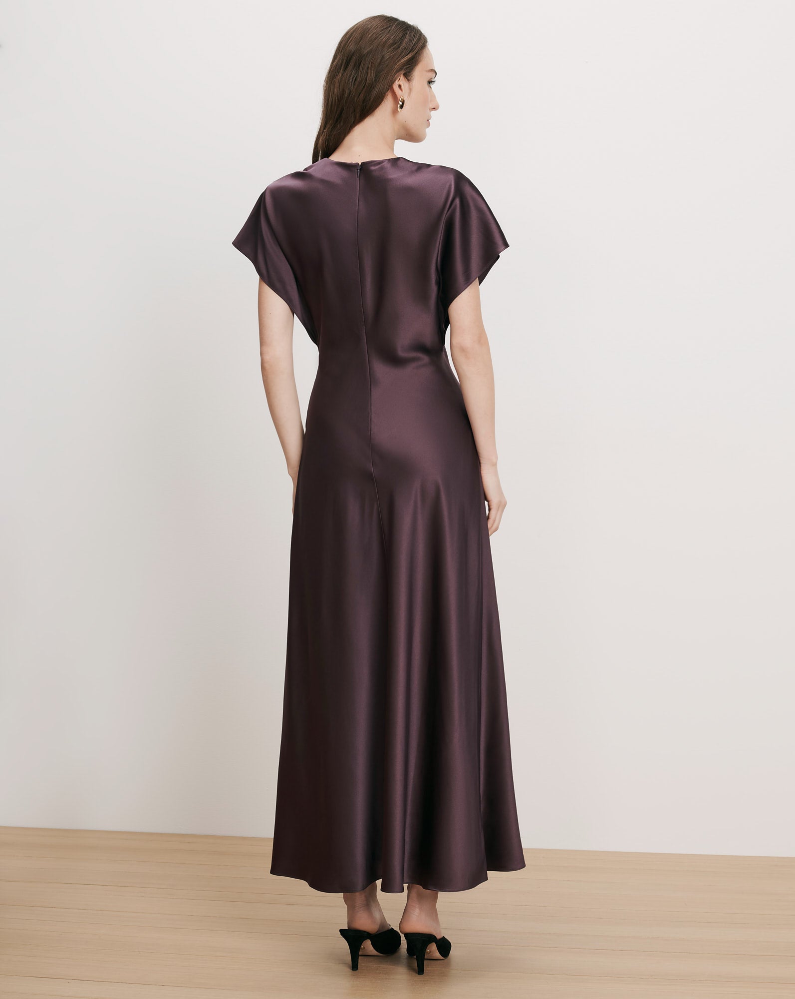 Veronica Beard Plum satin maxi dress with flutter sleeves.