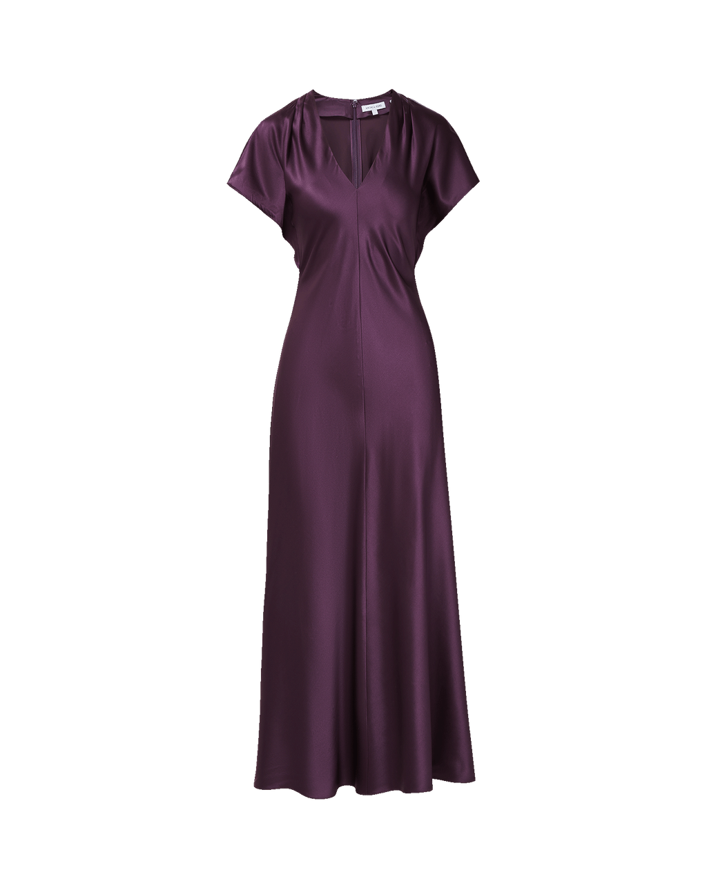 Veronica Beard Purple satin midi dress with short sleeves and V-neck.