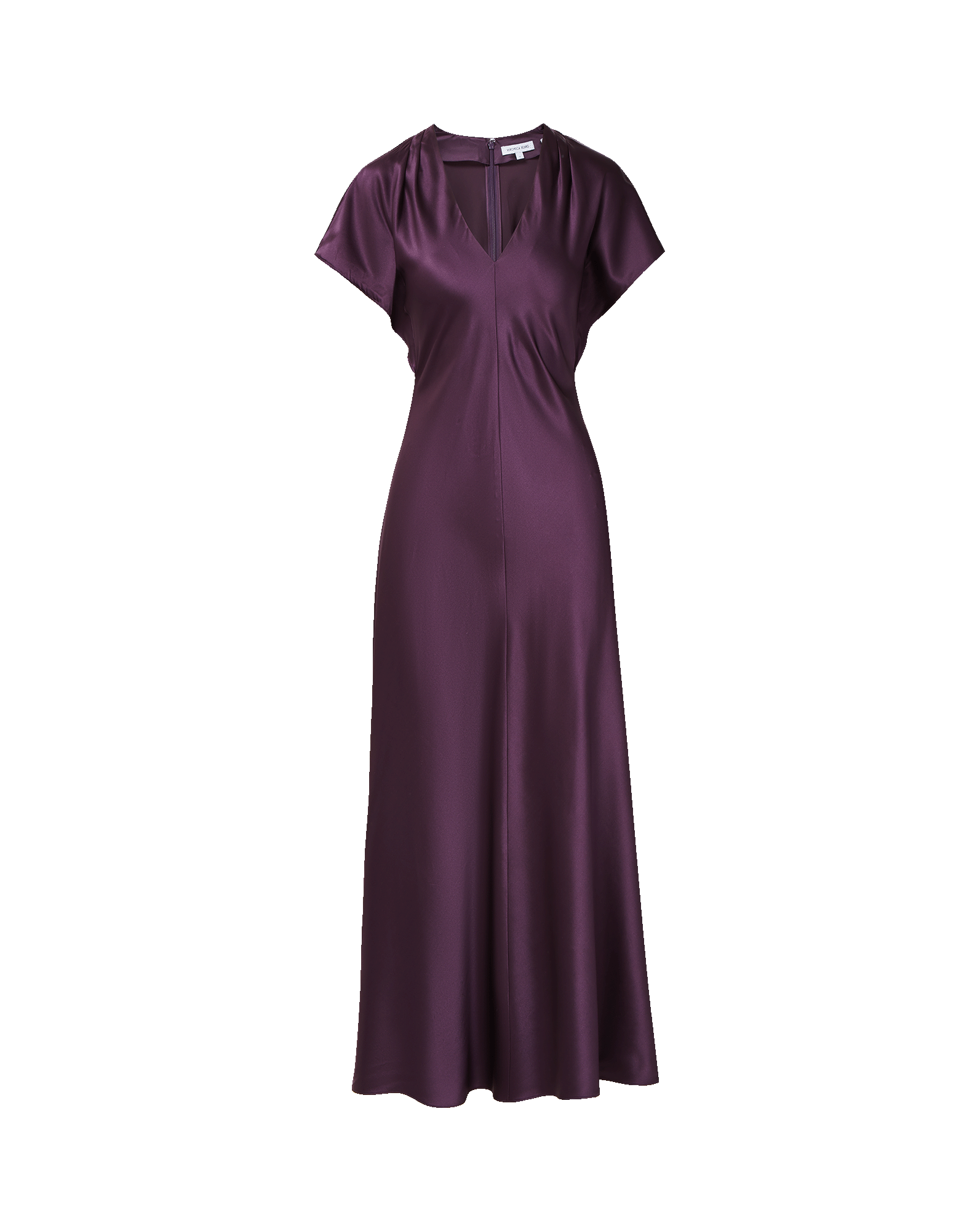 Veronica Beard Purple satin midi dress with short sleeves and V-neck.