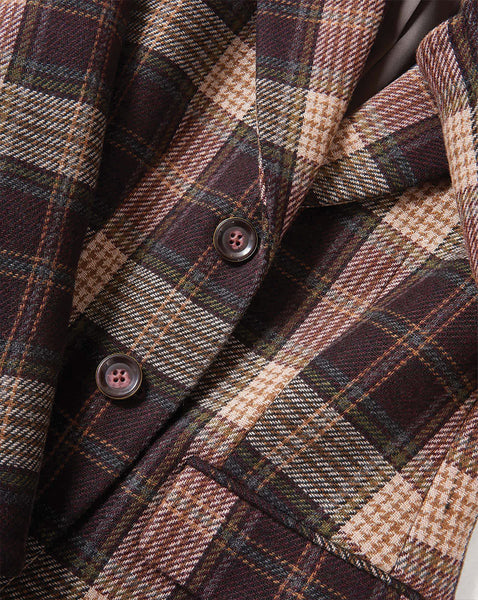 Veronica Beard Brown and green plaid wool double-breasted blazer.