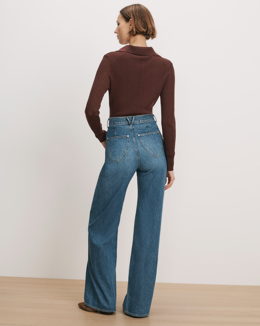 Veronica Beard Brown ribbed polo sweater and wide-leg jeans