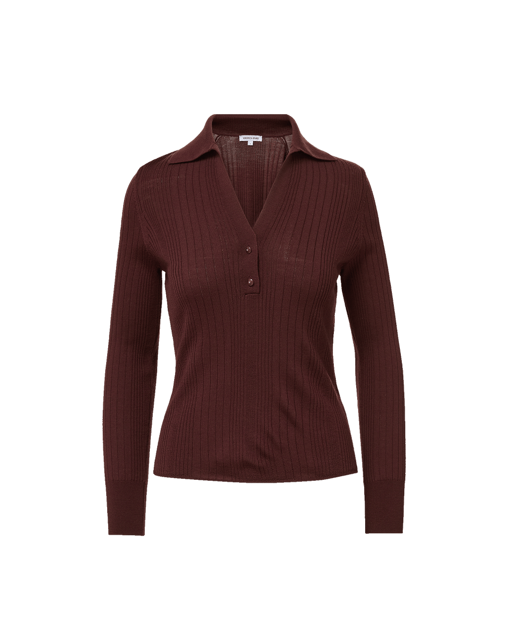 Veronica Beard Burgundy ribbed knit polo shirt with button placket.
