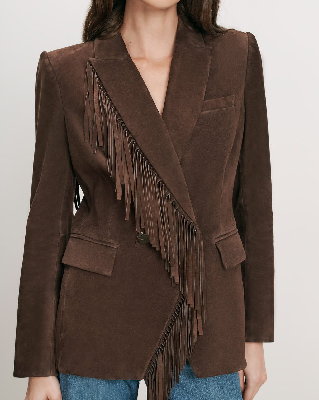 Veronica Beard Brown suede blazer with fringe detail.