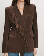 Veronica Beard Brown suede blazer with fringe detail.