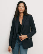 Veronica Beard Navy blazer, single-breasted, gold buttons, tailored fit.