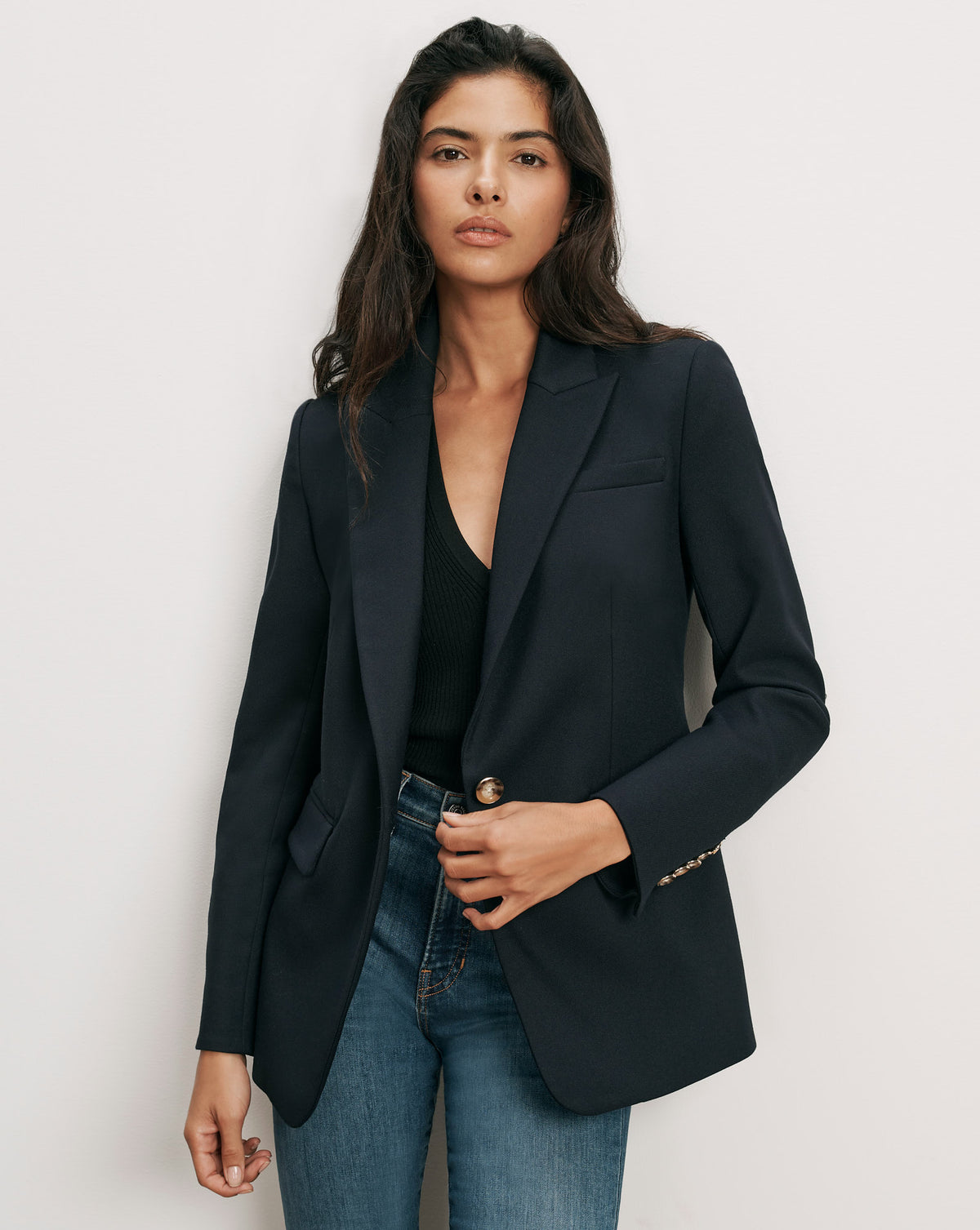 Veronica Beard Navy blazer, single-breasted, gold buttons, tailored fit.