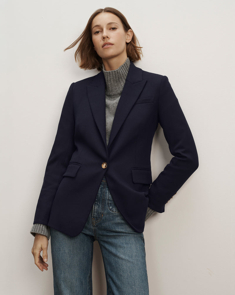 Veronica Beard Navy blazer, single-breasted, gold buttons, tailored fit.