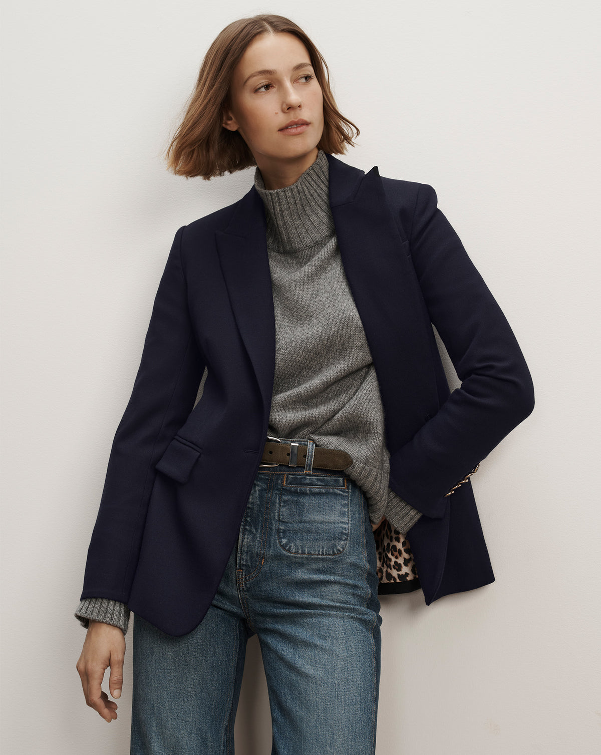 Veronica Beard Navy blue structured blazer with flap pockets.