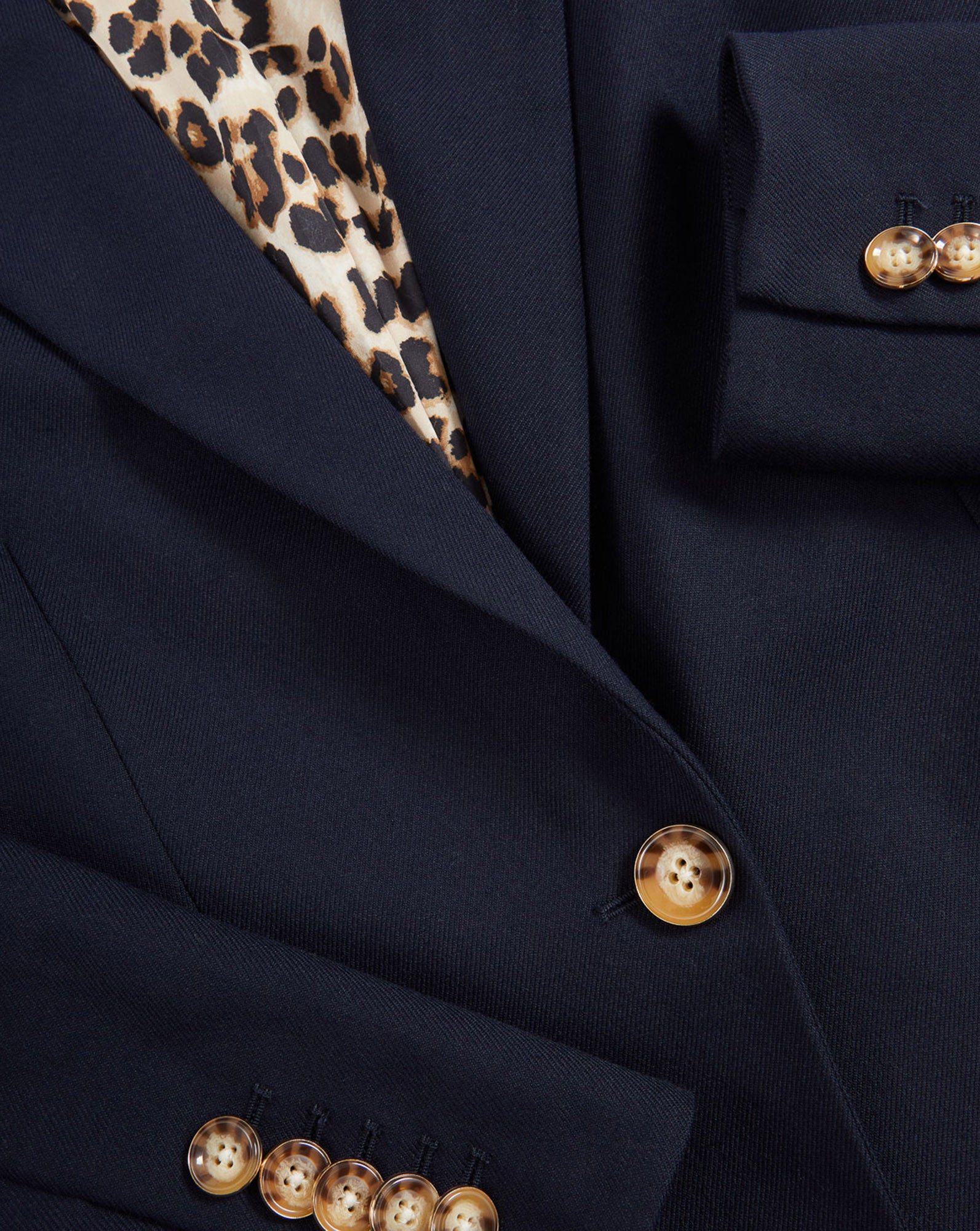 Veronica Beard Navy blazer with leopard print lining and tortoise buttons.