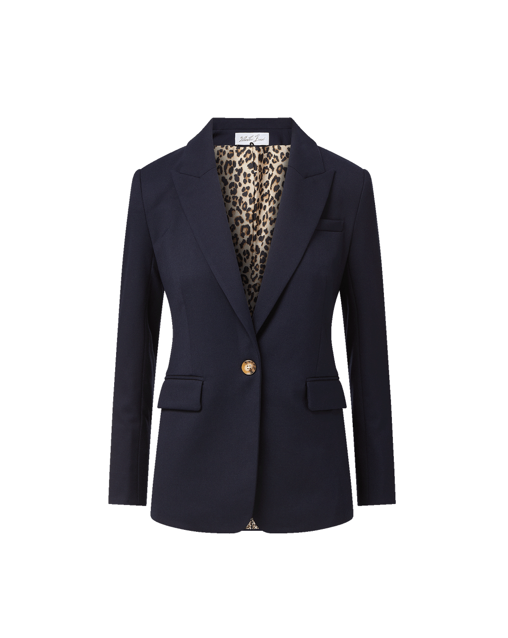 Veronica Beard Navy blazer with leopard print lining and single button.