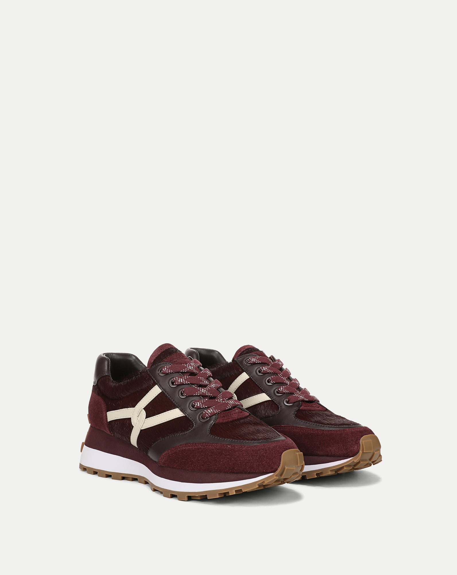 Veronica Beard Burgundy leather and suede retro sneakers.