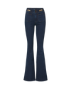 Veronica Beard Dark blue flare jeans with chain waistband detail.