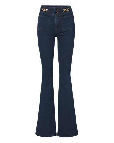 Veronica Beard Dark wash flared jeans with gold chain details