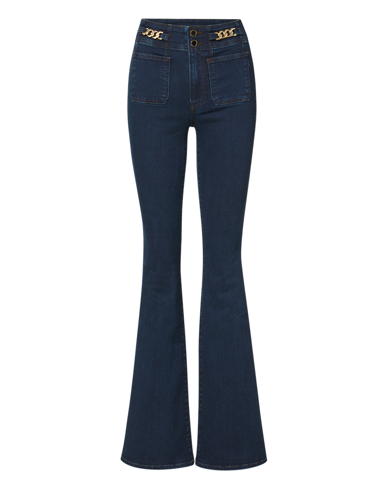 Veronica Beard Dark wash flared jeans with gold chain details