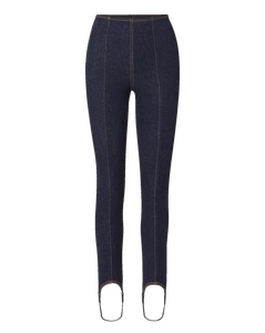 Veronica Beard Dark blue denim leggings with contrast stitching.