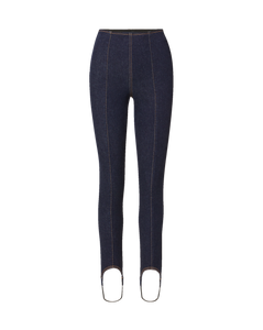 Veronica Beard Dark blue denim leggings with contrast stitching.