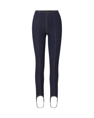 Veronica Beard Dark blue denim leggings with contrast stitching.