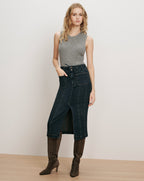 Veronica Beard Dark wash denim midi skirt with front slit.