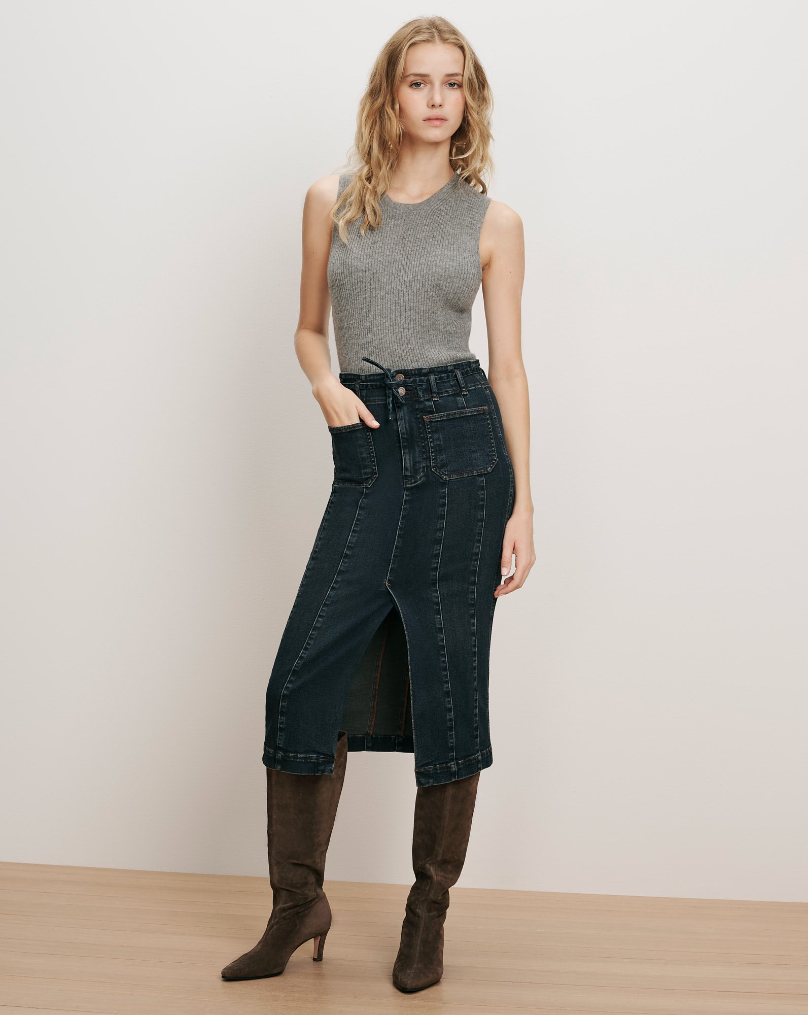 Veronica Beard Dark wash denim midi skirt with front slit.