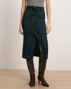 Veronica Beard Dark wash denim midi skirt with front slit.