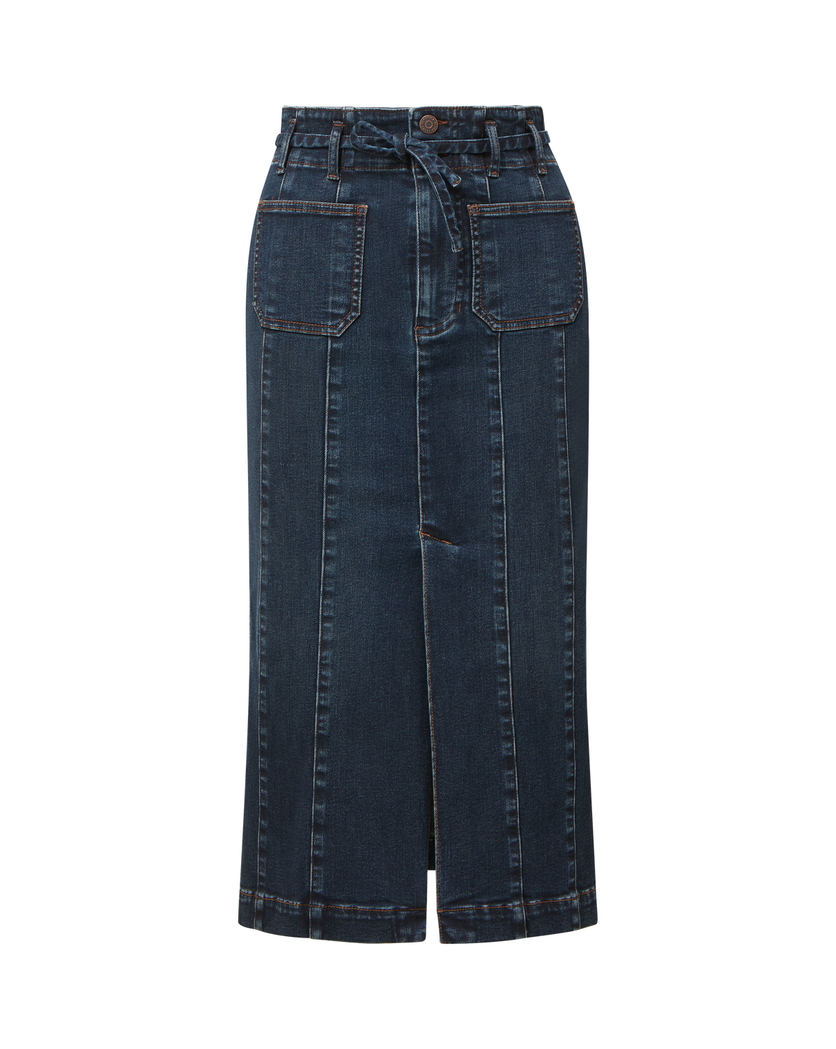 Veronica Beard Blue denim midi skirt with front slit.