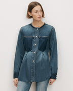 Veronica Beard Blue denim tunic with pleated waist and frayed trim.