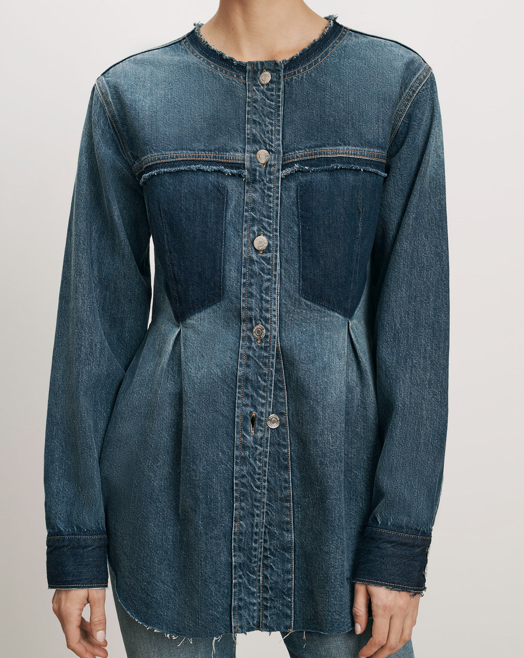 Veronica Beard Blue denim tunic, long sleeves, button front, pleated waist.