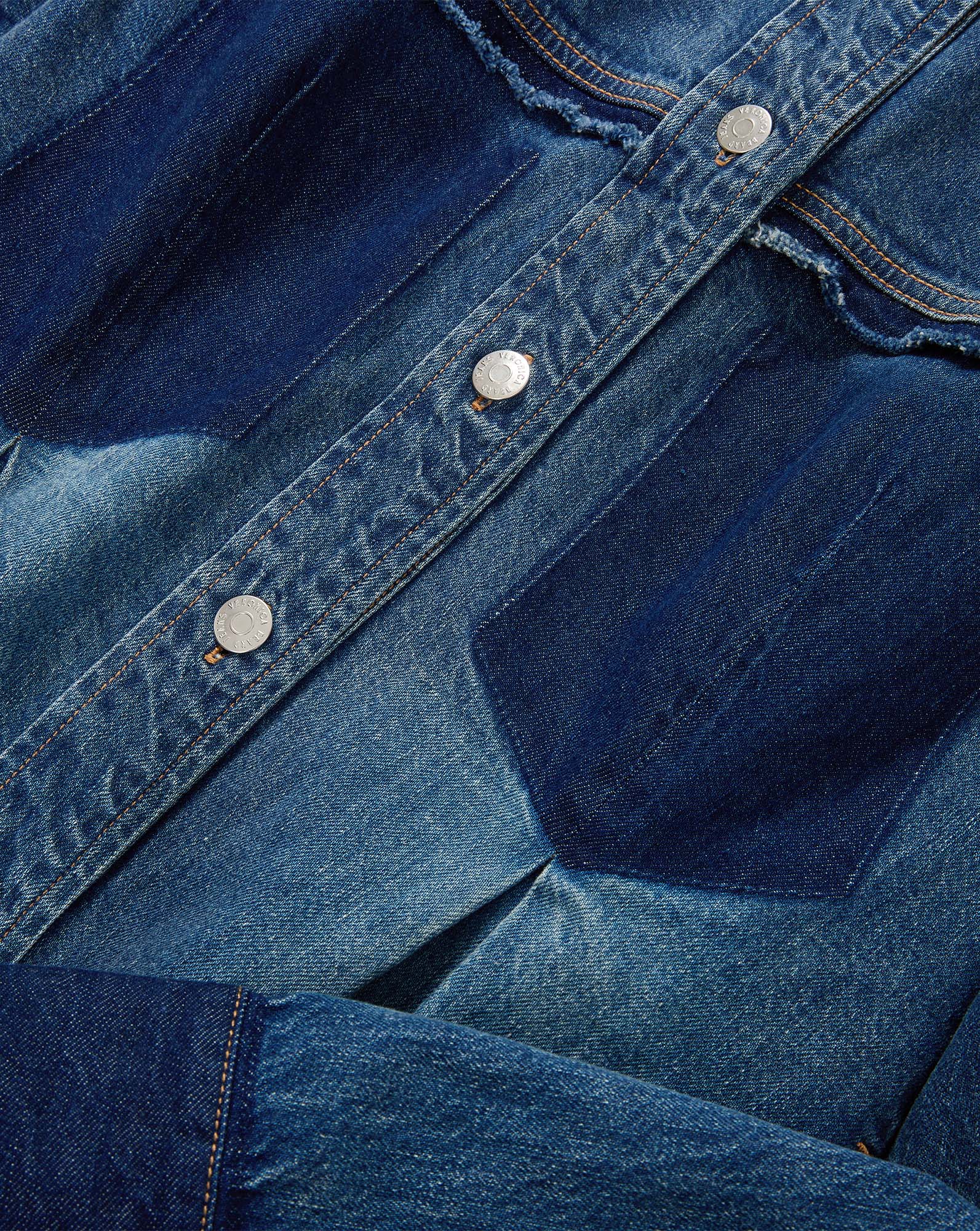 Veronica Beard Blue denim shirt with contrasting dark blue panels.