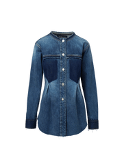 Veronica Beard Blue denim button-down jacket with contrasting dark panels.