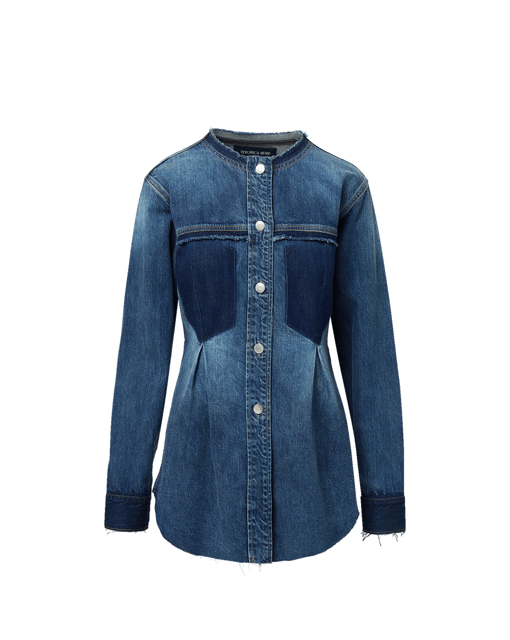 Veronica Beard Blue denim button-down jacket with contrasting dark panels.
