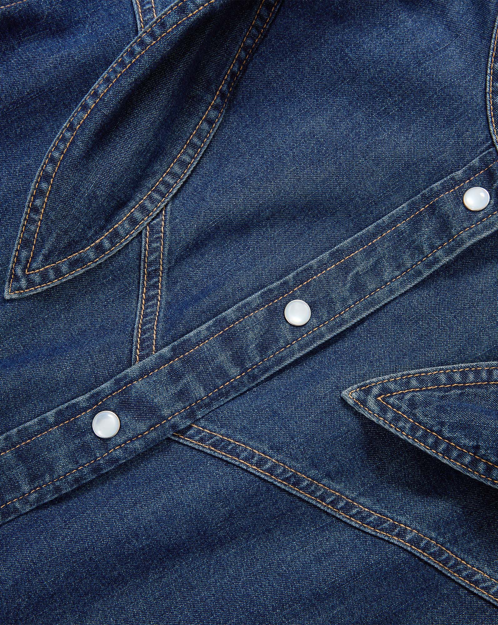 Veronica Beard Blue denim shirt with pearl snap buttons.