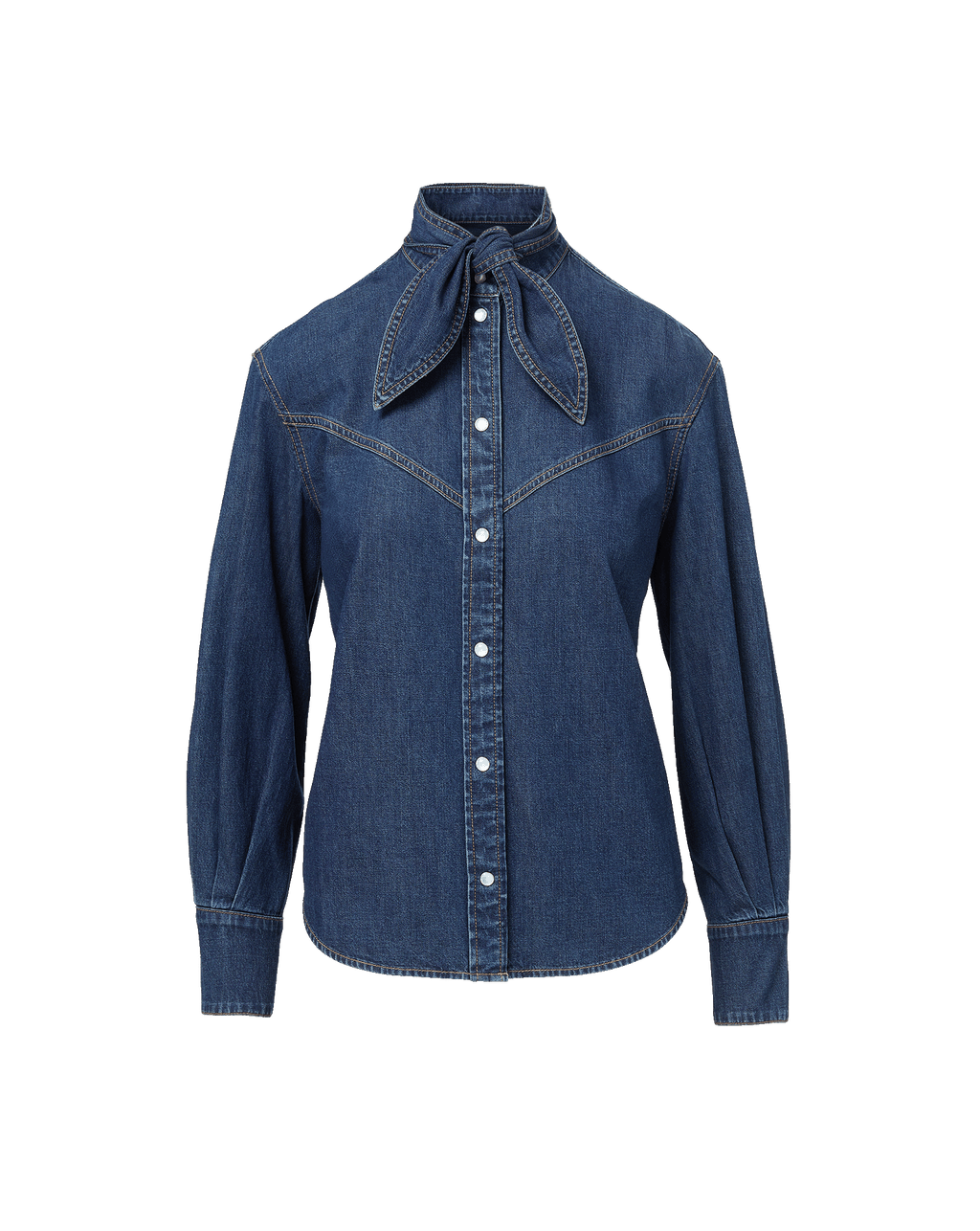 Veronica Beard Blue denim shirt with a pussy-bow collar.