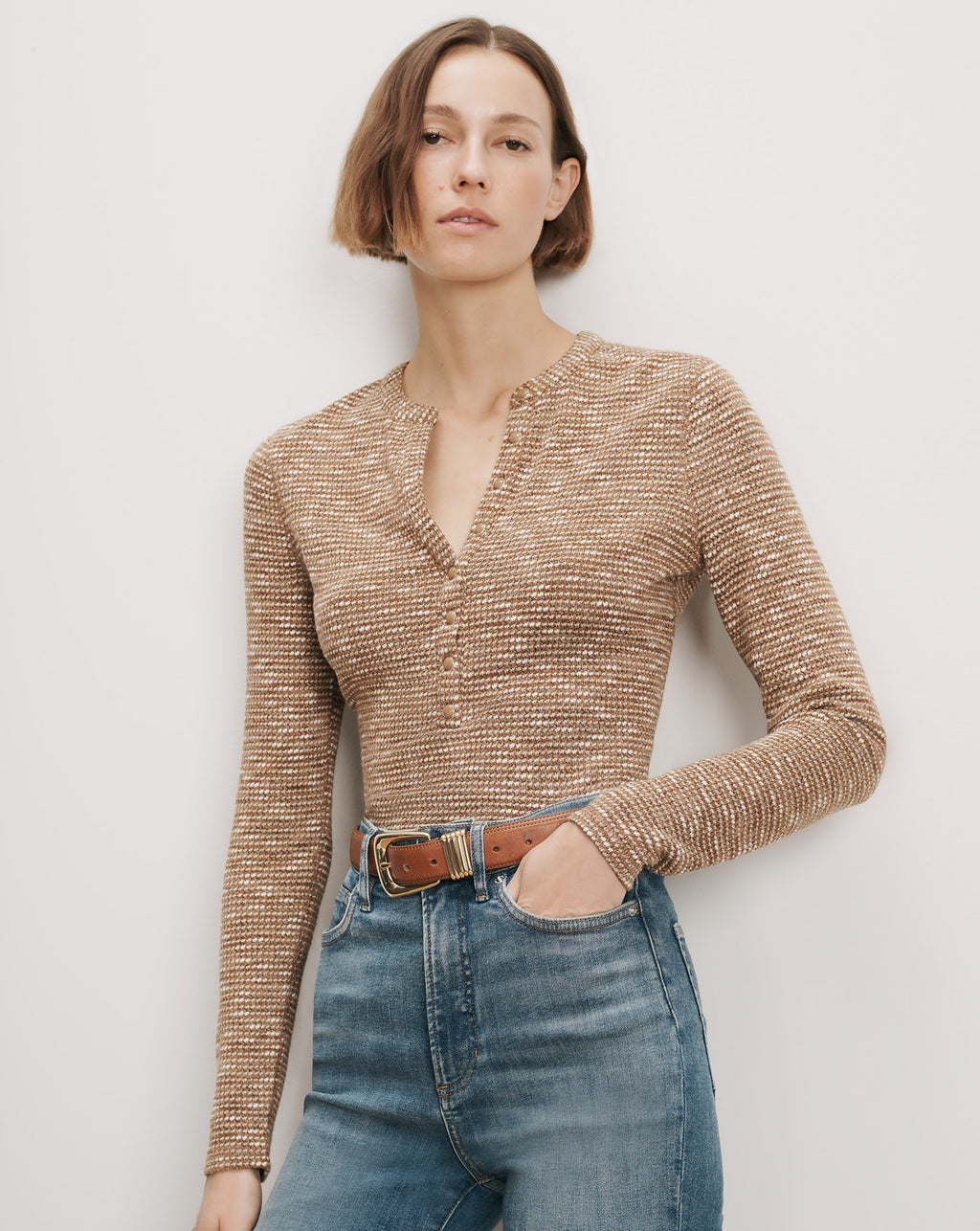 Veronica Beard Brown knit long-sleeve henley shirt