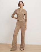 Veronica Beard Brown knit henley and flared pants set.