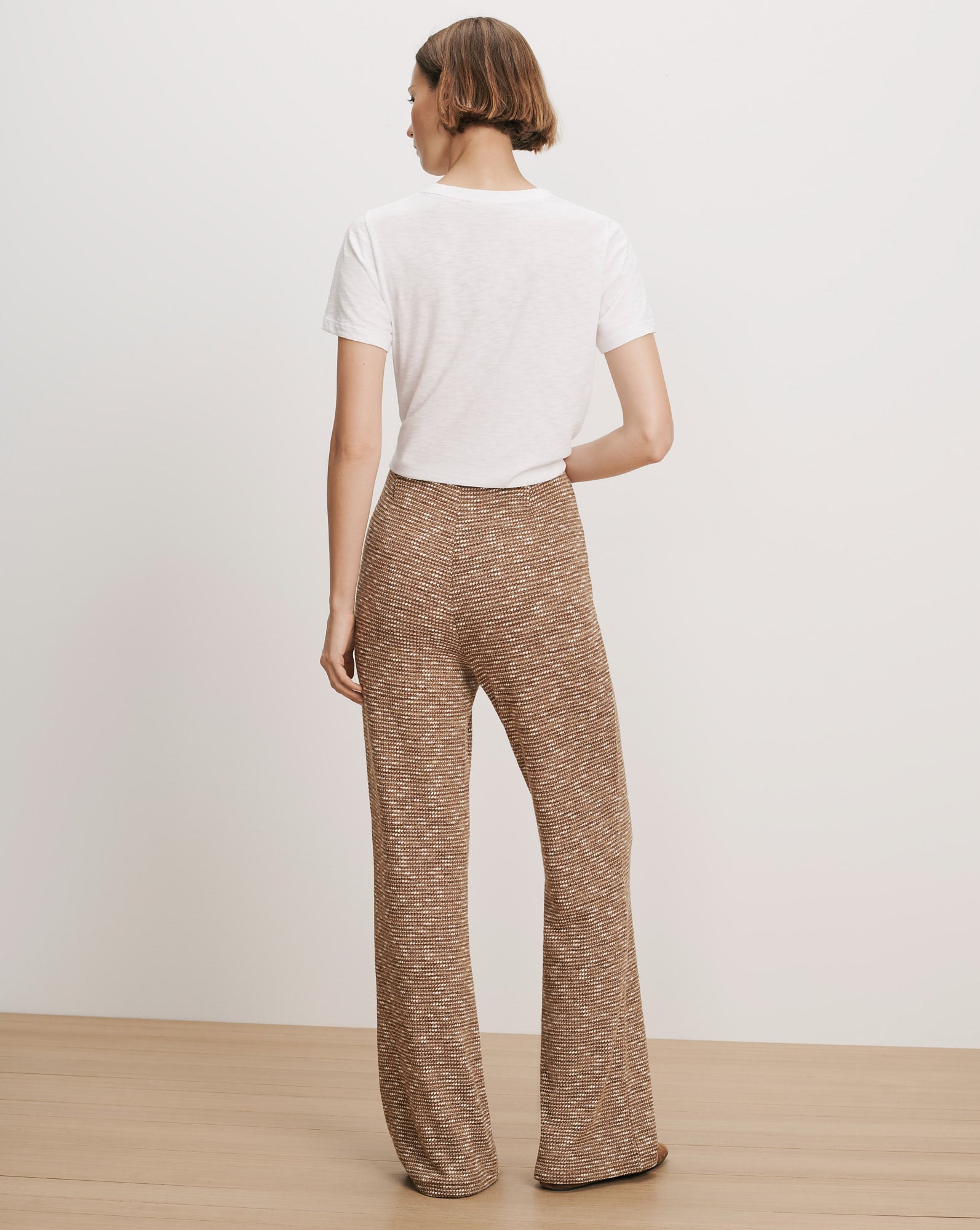 Veronica Beard Brown knit wide-leg pants with white speckles.