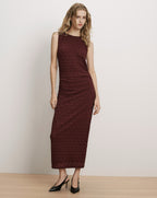 Veronica Beard Burgundy lace midi dress with sleeveless sheath silhouette.