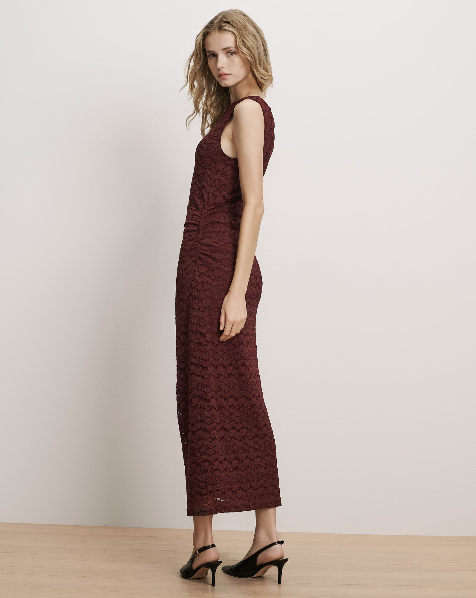 Veronica Beard Burgundy lace sleeveless maxi dress.