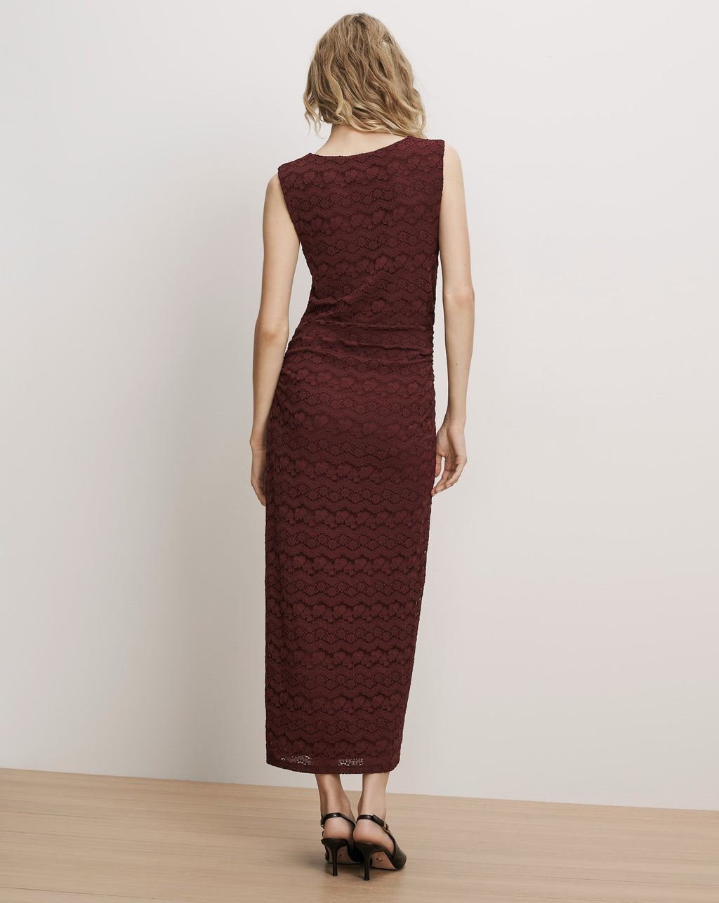 Veronica Beard Burgundy lace sleeveless midi dress with fitted silhouette.